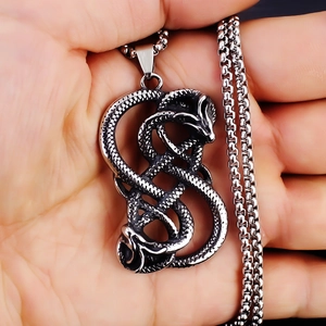 Pendente retrò in acciaio inossidabile con due serpenti intrecciati su catena box da uomo