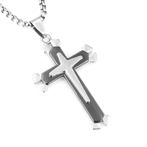 Detail of silver and black double-layered cross pendant with a sturdy metal box chain