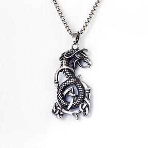 Vintage silver Viking dragon pendant necklace in stainless steel with intricate Celtic knots