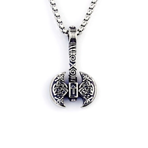 Nordische Wikinger Doppelaxt-Halskette aus Edelstahl mit Tiwaz Rune und keltischen Knoten