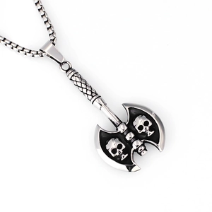 Gotischer Punk Totenkopf Doppelaxt Anhänger aus Vintage Edelstahl mit Kugelkette