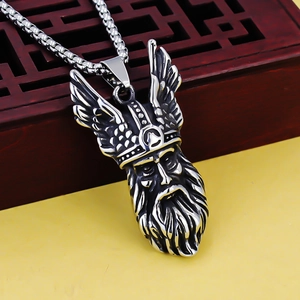Vintage Viking warrior pendant in oxidized stainless steel with square pearl chain necklace