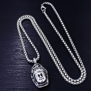 Vintage Buddha Kopf Anhänger mit Boxkette, geprägte Edelstahlhalskette in Silber