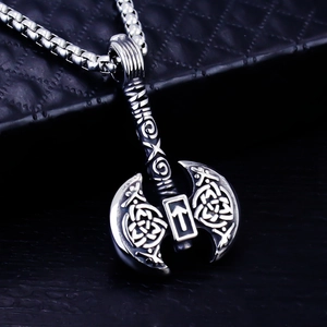Nordische Wikinger Doppel-Axt Edelstahlkette mit Tiwaz-Rune und keltischem Knotenmuster