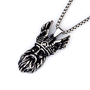 Vintage stainless steel Viking warrior necklace with winged helmet pendant and box chain