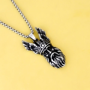 Vintage stainless steel Viking warrior necklace with crown helmet and box chain
