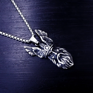 Detail of Viking warrior pendant with winged helmet on a stainless steel square link chain