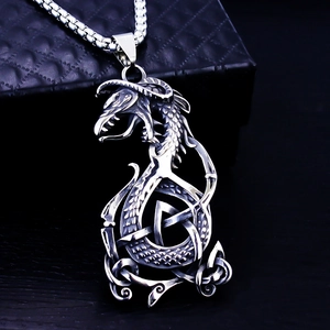 Vintage Nordic Viking dragon pendant necklace in retro stainless steel with box chain