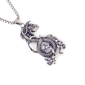 Viking dragon pendant necklace with Celtic trinity knot in antique steel finish