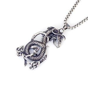 Retro Viking dragon pendant necklace in stainless steel with detailed dragon scales