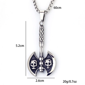 Punk-Stil Edelstahl Doppelaxt-Anhänger mit Totenkopf-Gravur und langer Kette für Herren