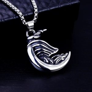 Vintage stainless steel dragon moon pendant necklace on a premium box chain for men
