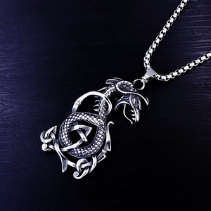 Silver stainless steel dragon pendant with Celtic knot on a box chain for men