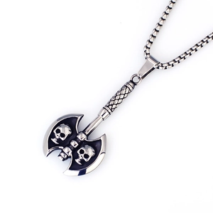 Herren Punk Doppelaxt-Anhänger mit Totenkopf-Details und Edelstahl-Boxkette in Silber-Optik