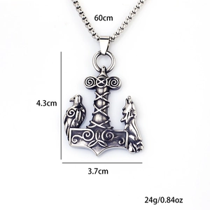 Silver Viking Mjolnir pendant necklace with wolf and raven carvings in stainless steel