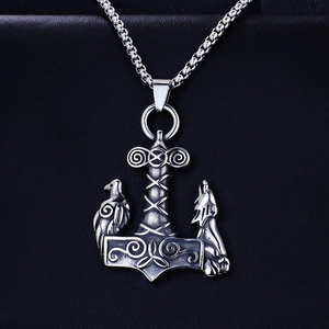 Nordic Viking Mjolnir pendant necklace featuring wolf and raven motifs in silver stainless steel