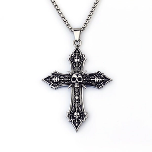 Barokke gotische kruisketting met schedelmotieven in vintage roestvrij staal