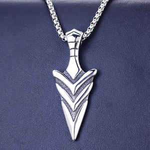 Silver stainless steel arrow pendant necklace with hammered texture on dark leather