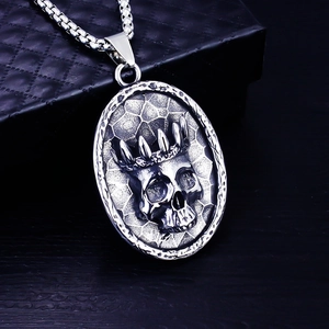 Vintage stainless steel men's crown skull pendant necklace with a sturdy box chain