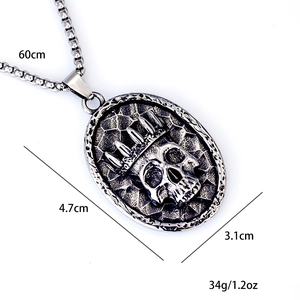 Vintage stainless steel crown skull pendant necklace with rough texture and dimensions