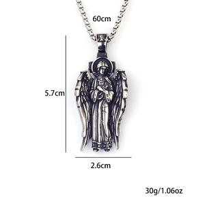 Collana con ciondolo Vergine Maria e ali d'angelo in acciaio inossidabile con misure