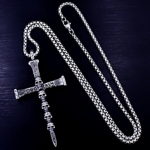 Gothic skull cross pendant necklace with box chain in vintage punk stainless steel style