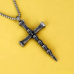 Gothic skull cross pendant necklace in silver stainless steel with deadly engraving