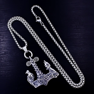 Vintage stainless steel Viking Thor's Hammer Mjölnir pendant with raven and wolf patterns