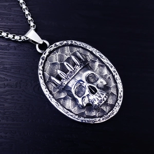 Gothic crown skull pendant necklace in silver stainless steel with box chain