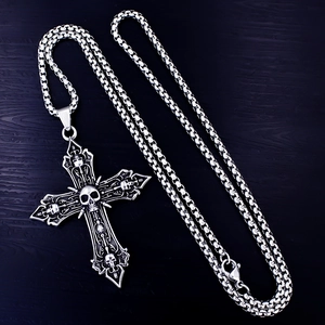 Gothic schedel kruis hanger ketting in vintage zilver met een stoere box-ketting heren