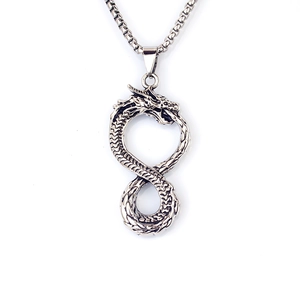 Collier avec pendentif dragon infini vintage en argent et chaîne en acier inoxydable