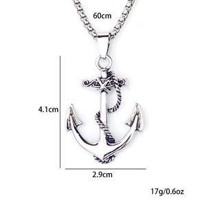 Men's retro stainless steel anchor pendant necklace with 60cm pearl chain, 4.1cm height