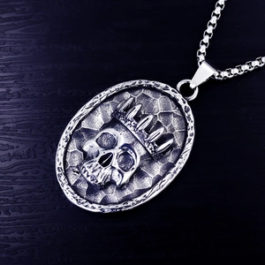 Gothic crown skull pendant necklace for men in vintage oxidized titanium steel