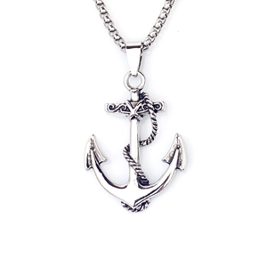 Punk anchor pendant necklace in vintage silver finish with durable box chain for men