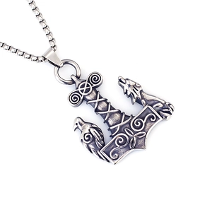 Nordic Viking Mjolnir pendant necklace with wolf and raven motifs on square pearl chain