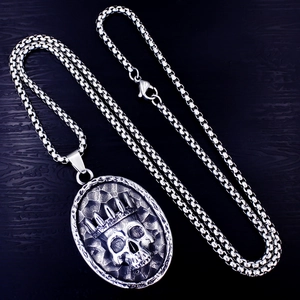 Retro titanium steel skull pendant with crown on box chain for men gothic punk jewelry