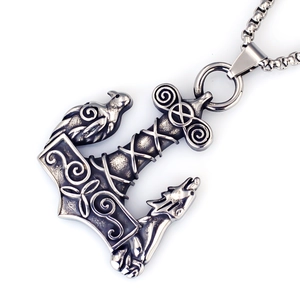 Vintage stainless steel Mjolnir pendant necklace with wolf and raven totems on box chain