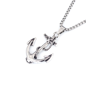 Vintage silver anchor pendant necklace with rope detail and classic box chain for men
