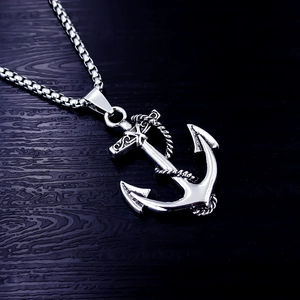 Polished silver anchor pendant with rope detail on box chain for men's fashion