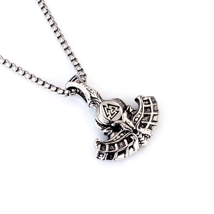 Vintage viking axe pendant necklace with valknut symbol in polished stainless steel