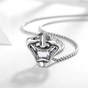 Collana hip hop retrò da uomo con ciondolo a maschera Hannya e catena a perle