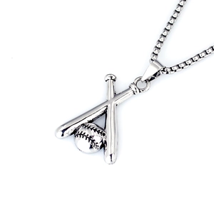 Detailed close-up of stainless steel baseball pendant with crossed bats on silver chain