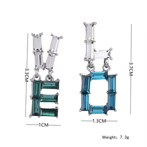 Asymmetric LOVE letter earrings with green and blue crystals for women fashion