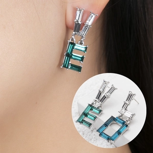 Women Asymmetrical LOVE Letter Dangle Earrings Baguette Cut Emerald Green Blue Crystal Inlaid Alloy Stylish Drop Earrings Jewelry