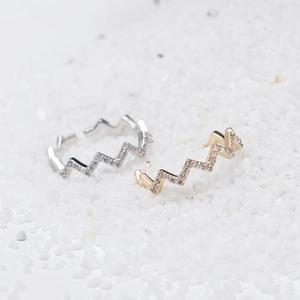 Adjustable wavy gold and silver open rings with micro-pave cubic zirconia stones