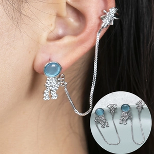 Creative Astronaut Integrated Stud Earring Chain Ear Bone Clip Alloy Rhinestone Blue Artificial Stone Earrings For Women