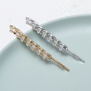 Set of gold and silver metal chain hair clips with rectangular zircon stones