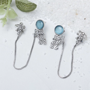 Astronaut earring and spaceship ear cuff set with blue opal and sparkling zircons