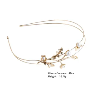 Serre-tête double en métal doré élégant avec feuilles en alliage et perles blanches décor