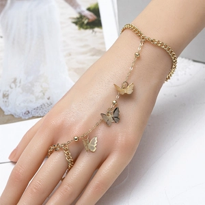 Elegant gold butterfly slave bracelet with finger ring and dainty hollow butterfly charms